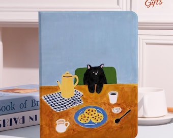 Black Cat&Cozy Breakfast themed iPad Case for iPad Pro 2024 iPad Air 4 5 7 2025 iPad 10/9th A16 Pro 12.9 inch iPad Cover 7/8/9 Mini 7 6 Case