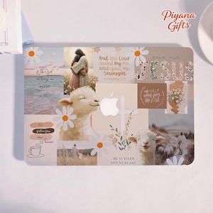 May include: A beige laptop skin with a collage design. It features religious imagery, including a lamb, daisies, and the word "JESUS". Inspirational quotes and the Apple logo are also included in the design.