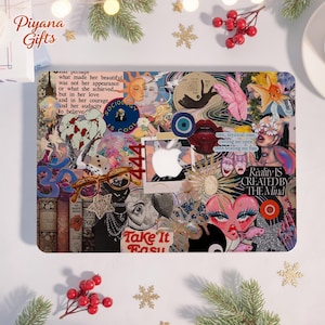 May include: A laptop skin featuring a collage of images and text. The design includes a white Apple logo, a pink heart, lips, and the words "Reality IS CREATED BY THE Mind" and "Take It Easy".