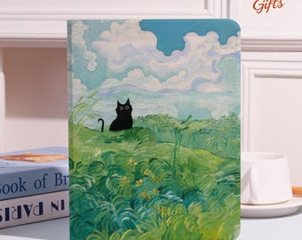 Whimsical Black Cat&Green Field iPad Case Cover,iPad 9.7"10.2"10.9"11"12.9",iPad Air 7 6 4 iPad Pro iPad 2022 2024 mini 7 6 iPad A16 10 9th
