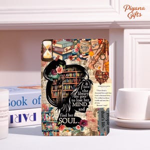 May include: A decorative book-themed phone case featuring a silhouette of a woman with a bookshelf inside her head. The case has a collage design with books, flowers, and the text "Into the library she goes to lose her mind and find her soul."