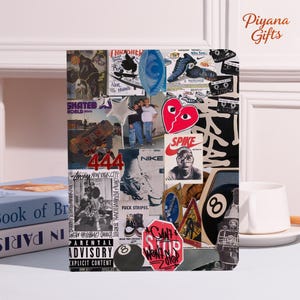 Peut inclure: Un objet rectangulaire décoratif avec un collage d'autocollants et d'images, dont des planches à roulettes, des baskets et le texte "PARENTAL ADVISORY EXPLICIT CONTENT". L'objet présente un motif de cœur rouge et le texte "CAN'T STOP WON'T STOP."