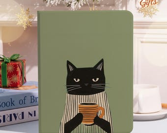 Black Cat Coffee Striped Art iPad Case for iPad Pro 2024/2022 iPad Air 5/6/7th 2025 iPad A16/11/10/9th Gift iPad Cover iPad Mini 7/6th Case