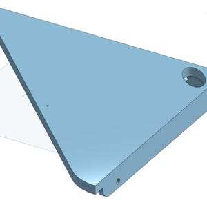 May include: A light blue triangular shelf with rounded edges and a hole in the center. The shelf has four small holes along the bottom edge.