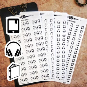 Planche de stickers mini icônes livres livres audios et ebooks pour vos carnets et journal de lecture suivi lecture critique de livres