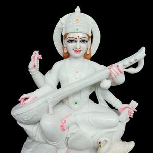 Handcrafted Marble Saraswati Maa Idol | Hindu Goddess of Wisdom Statue | Vastu Home Temple Decor | 15 inch Veena Saraswati Murti with Swan