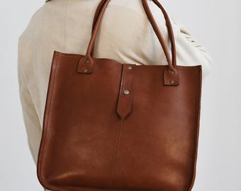 Full Grain Leather Tote Bag – Women's Luxury Shoulder Handbag – 3rd Anniversary Gift for Wife – Tan Boho Everyday Leather Tote