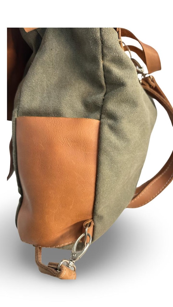 Soft leather and wool backpack. Fabric is olive green and beige. Interro 24 | Bags | Soft Leather And Wool Backpack Fabric Is  main image 3