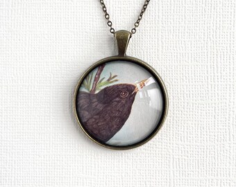 Bronze Blackbird Pendant, Birdwatcher Gift for Her,  Bird Necklace