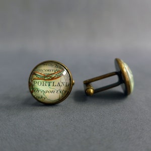 Boutons de manchette bronze anniversaire, cartes personnalisées avec noms de lieux du monde