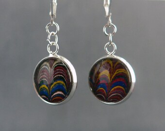 Silver Plated Drop Earrings, Marbled Blue Red Vintage Book Paper
