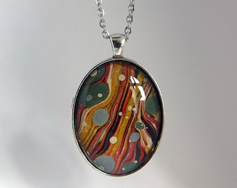 Large Oval Antique Paper Pendant, Unique Marbled, Terrazzo Style, Deep Red Blue