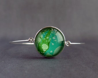 Minimal Silver Bangle, Unique Green Marbled Paper, Terrazzo Effect, Jade, Emerald, Maps