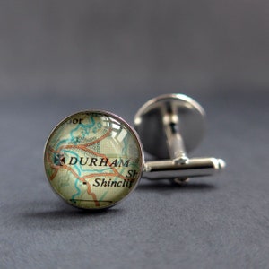 Silver Plated Map Cuff Links customised with towns and cities using vintage maps