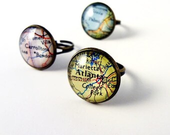 Personalised Ring, Adjustable Bronze, Unusual Quirky, Vintage Maps