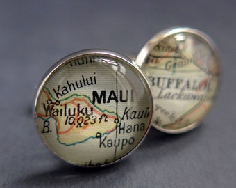 Groom Cufflinks, Personalized Honeymoon Gift, Cuff Links with Maps