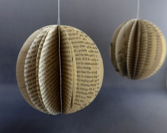 Paper Book Christmas Decorations, Upcycled, Beige, Globe, Librarycore