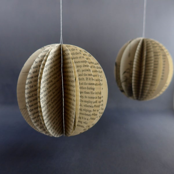 Paper Book Christmas Decorations, Upcycled, Beige, Globe, Librarycore