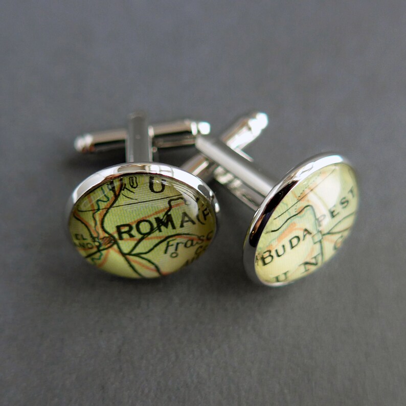 Map Cufflinks, Vintage American and World Maps, Unique Personalised for Men Rhodium Plated
