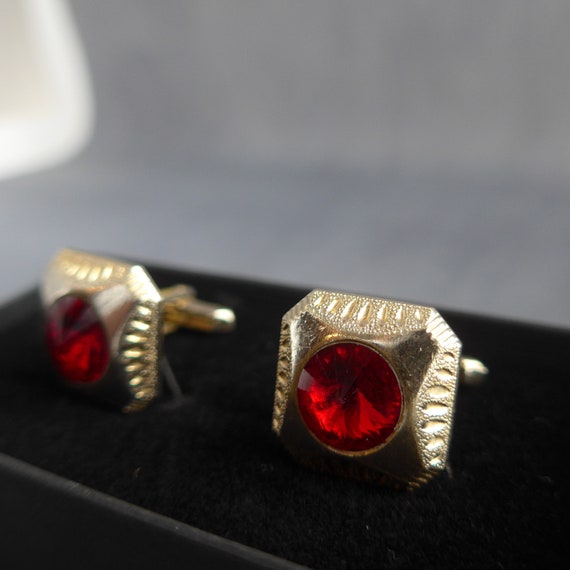 Gold & Red Cufflinks Vintage, Red Stone Tie Pin & Tie Clip