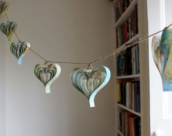 Upcycled Paper Garland, Vintage Maps Heart Wedding Decorations