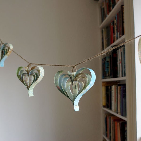 Upcycled Paper Garland, Vintage Maps Heart Wedding Decorations