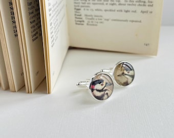 Silver Plated Cufflinks with Vintage Bird Illustrations, Birdwatcher Gift for Him
