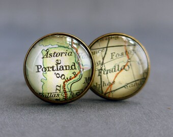 Silver Cufflinks with Honeymoon and Wedding Location Maps