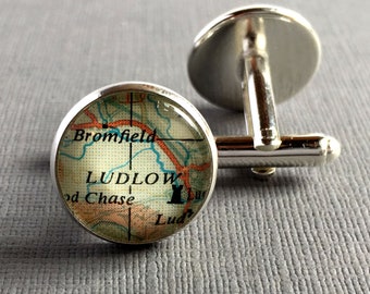 Gift for Groom, Husband, Boyfriend, Round Map Cufflinks, Silver, Bronze