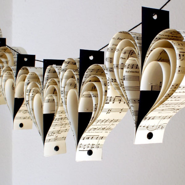 Music recycled paper heart garland in black and white home decor