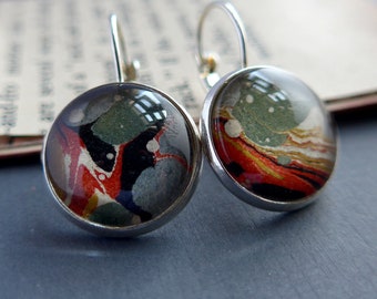 Silver Earrings, Fall Colours, Antique Paper, Repurposed Marbled Book Endpapers