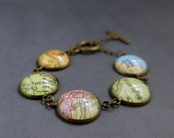 Personalized Map Bracelet, Customised For Her, Colourful, Bronze, Unique Jewellery