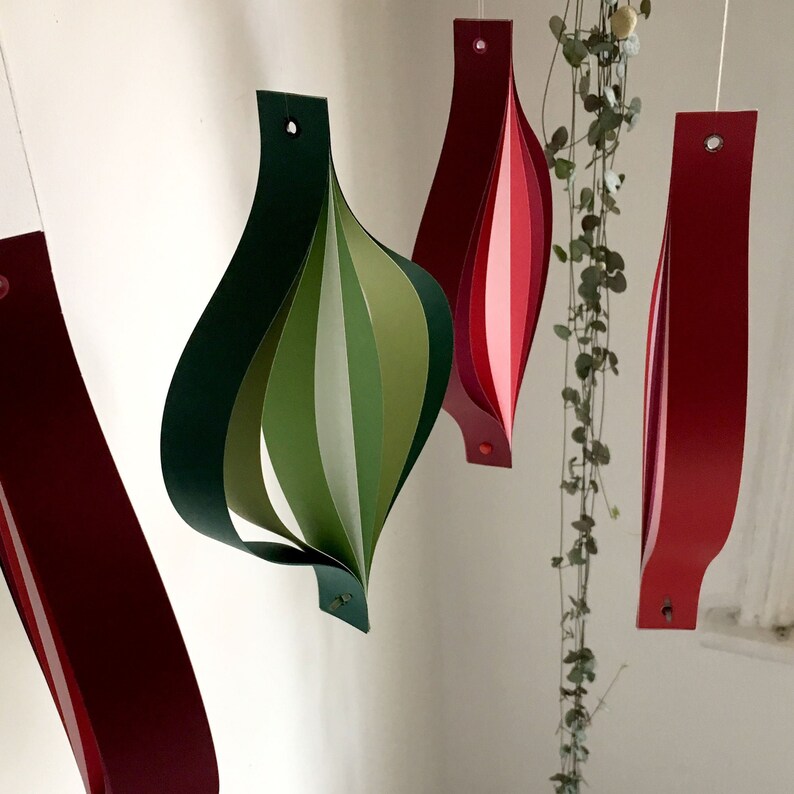 Paper Christmas Decorations, Large Red White and Green Hanging Ornaments, Geometric Scandi Chic image 5