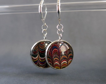 Marbled Paper Earrings with Antique Red and Blue Book Endpaper