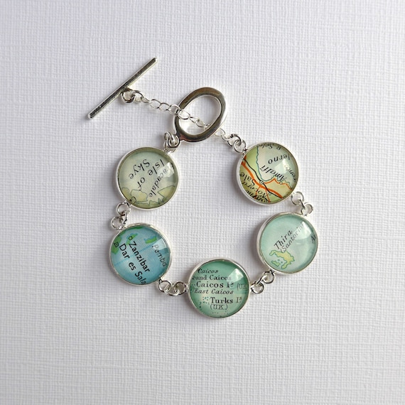 Customised Map Bracelet Blue Silver Travel Jewellery