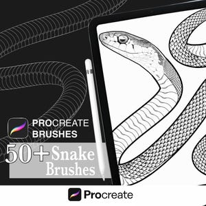 May include: Digital art brushes for Procreate, featuring snake designs. The image shows a tablet with a stylus, displaying detailed snake illustrations. Text reads "PROCREATE BRUSHES" and "50+ Snake Brushes."