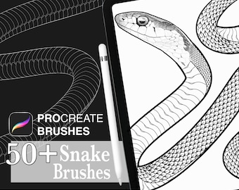 May include: Digital art brushes for Procreate, featuring snake designs. The image shows a tablet with a stylus, displaying detailed snake illustrations. Text reads "PROCREATE BRUSHES" and "50+ Snake Brushes."
