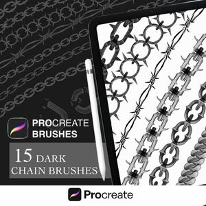 Puede incluir: Un producto de arte digital que se muestra en una tableta, con 15 pinceles de cadena oscura para Procreate. La imagen muestra varios diseños de cadenas, incluyendo alambre de púas y cadenas con púas, en blanco y negro. Un lápiz óptico blanco está posicionado cerca de la tableta.
