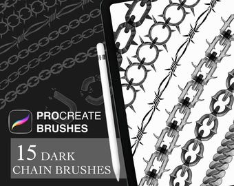 May include: A digital art product displayed on a tablet, featuring 15 dark chain brushes for Procreate. The image showcases various chain designs, including barbed wire and spiked chains, in black and white. A white stylus is positioned near the tablet.