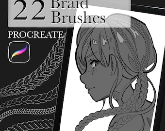 May include: Digital art illustration of a tablet screen displaying a drawing of a person with braided hair. The image includes the text "22 Braid Brushes" and the Procreate logo.