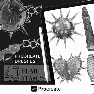 May include: Digital art set for Procreate featuring 40 flail stamps and brushes. The image shows a tablet with a stylus, and various flail designs in black and white. The Procreate logo and text are also visible.
