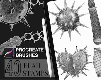 May include: Digital art set for Procreate featuring 40 flail stamps and brushes. The image shows a tablet with a stylus, and various flail designs in black and white. The Procreate logo and text are also visible.