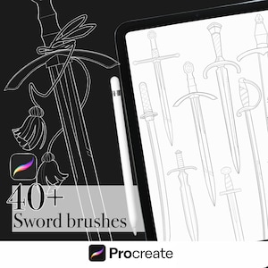 May include: Digital art set featuring over 40 sword brushes for Procreate. The image shows various sword designs in line art style, displayed on a tablet with a stylus. The text reads "40+ Sword brushes" with the Procreate logo.