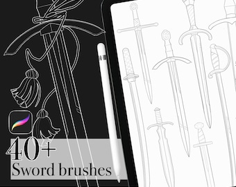 May include: Digital art set featuring over 40 sword brushes for Procreate. The image shows various sword designs in line art style, displayed on a tablet with a stylus. The text reads "40+ Sword brushes" with the Procreate logo.