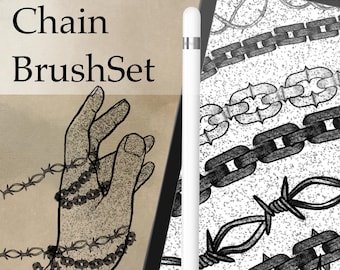 May include: Digital art illustration of a hand with barbed wire and chain bracelets. The text "Chain BrushSet" is displayed in black. A tablet displays various chain designs, and a white stylus is next to it.