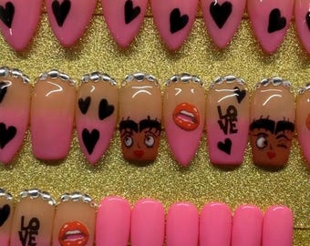 Betty Boop Inspired Press On Nails | Pink Cartoon Glam Nails | Handmade Rhinestone Nails | Retro Pin Up Nail Set | Reusable Nails