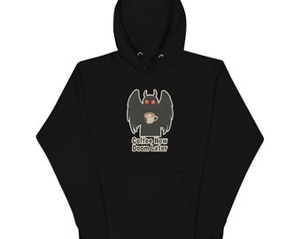 Mothman Coffee Hoodie – “Coffee Now Doom Later” Cryptid Sweatshirt, Funny Gothic Cryptid Gift, Cozy Dark Humor Hoodie
