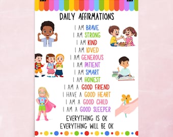Daily Affirmations Poster for Kids – Rainbow Positive Affirmation Wall Art, Classroom Decor, Kids Bedroom Print, Confidence Poster