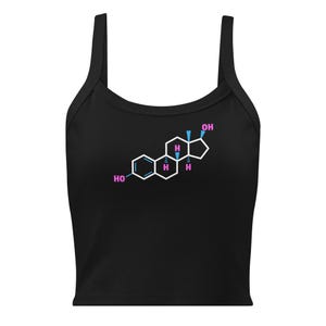 May include: Black crop top with a white and blue graphic of a chemical structure. The graphic includes the letters "OH" and "H" in pink and blue. The top has a scoop neckline and spaghetti straps.
