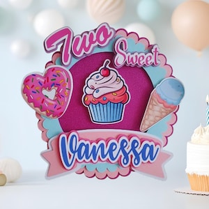 Two Sweet Themed Personalised Cake Topper | Custom Name Age | Ice Cream Donut Cupcake Party Topper | Birthday DecorTheme